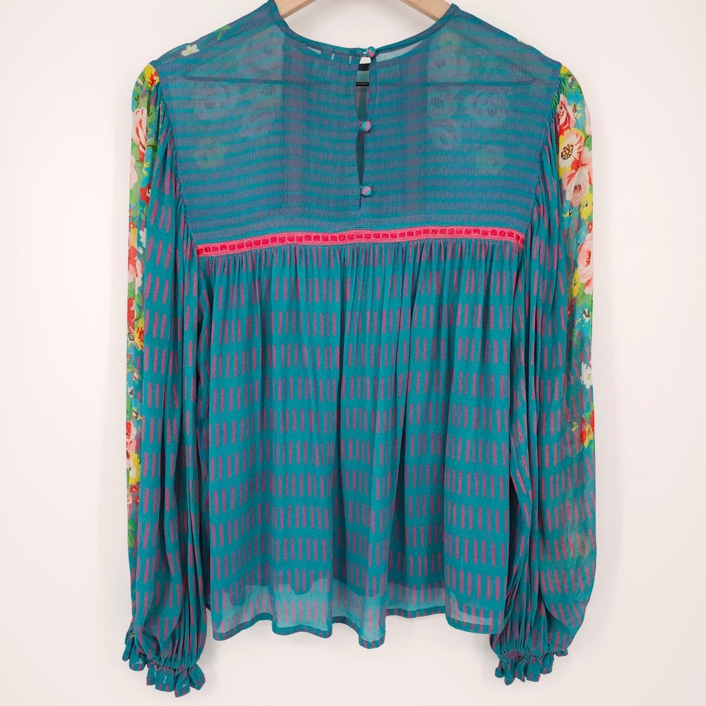 Blank London Teal Pink Boho Cottage Floral Top Women XS Whimsical Eclectic Artsy - Picture 6 of 11